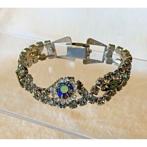 Vintage Blue Aurora Borealis Rhinestone Bracelet Silver Tone Art Deco Style 7”